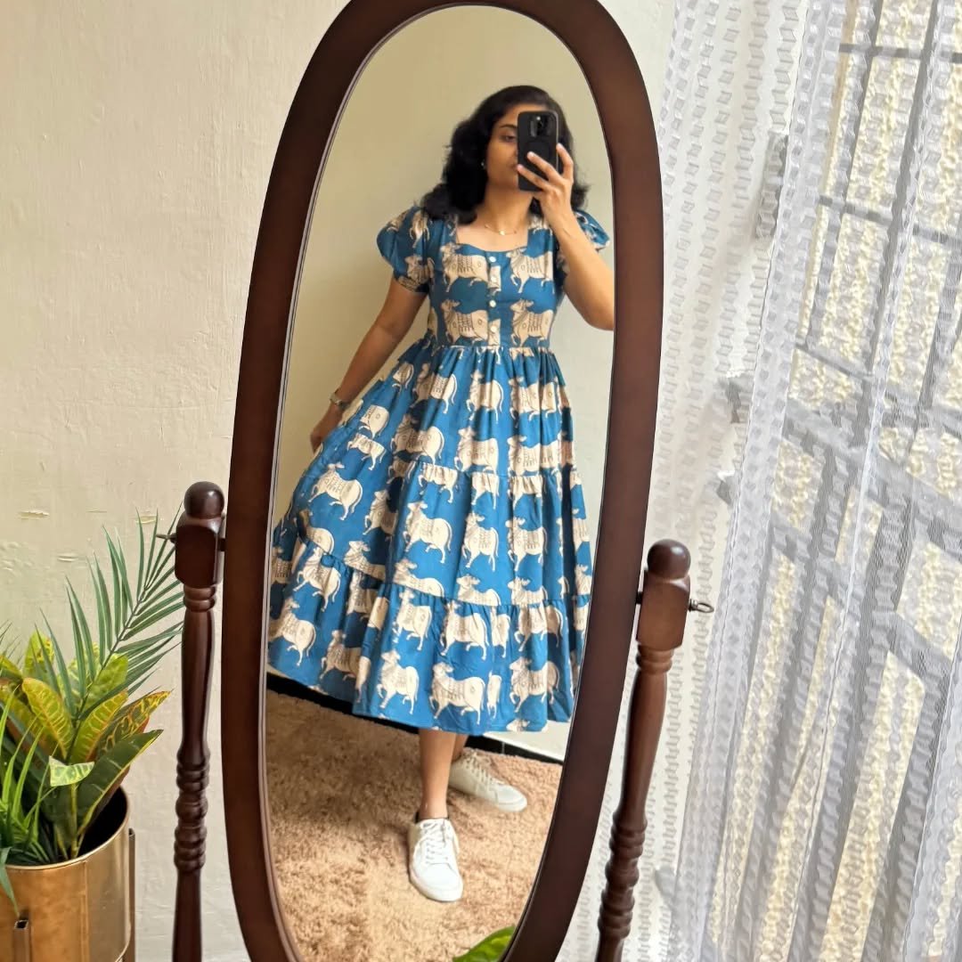 Sky Blue Printed Cotton Midi Gown Dress